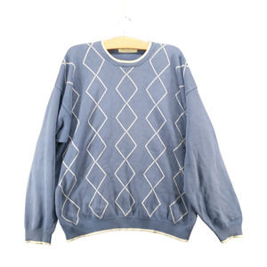 John Ashford Men's Pullover Golf Sweater Blue XL Diamond Argyle Crew Neck Cotton